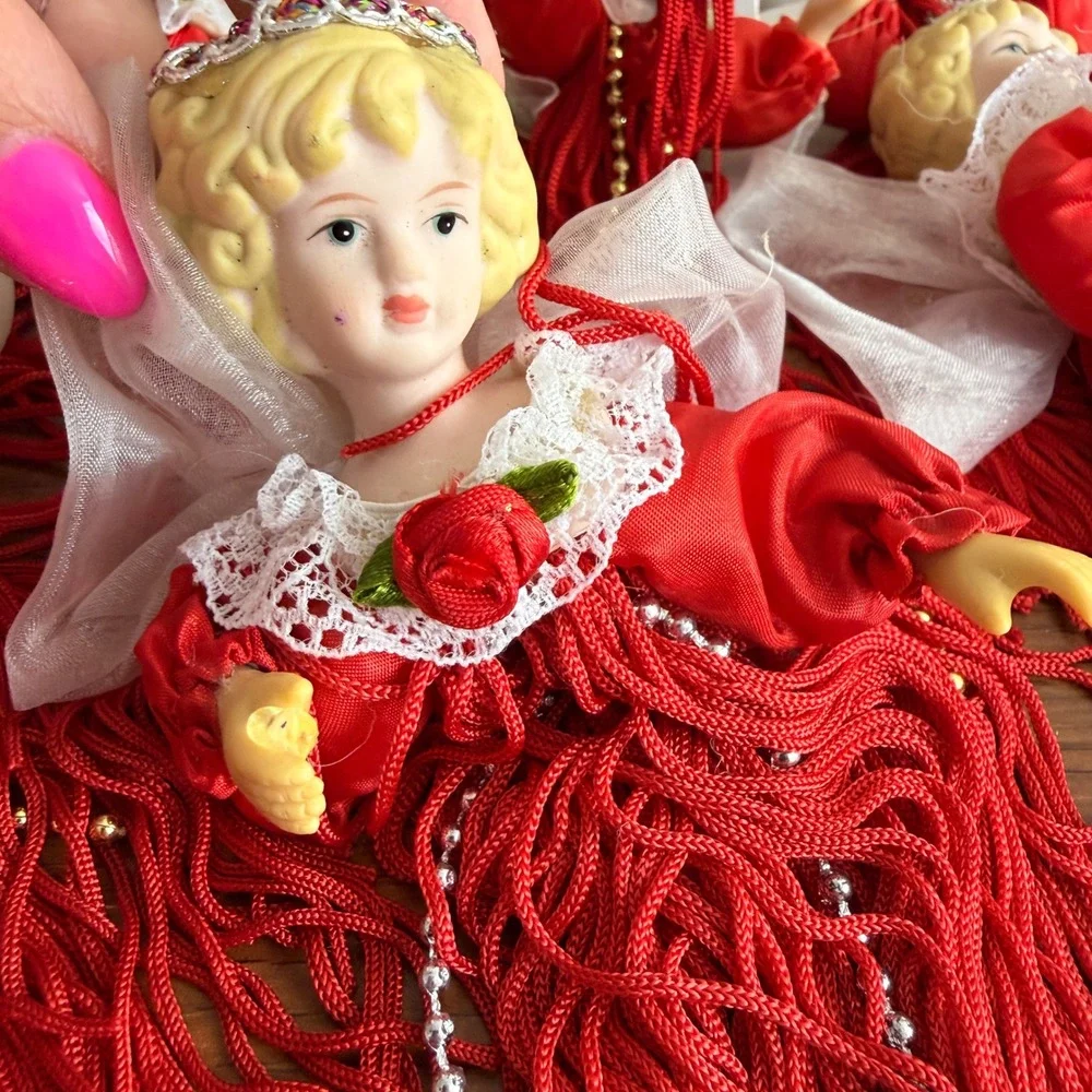 Vintage Set of 9 Porcelain Head Angel Tassel Christmas Ornaments Red Victorian